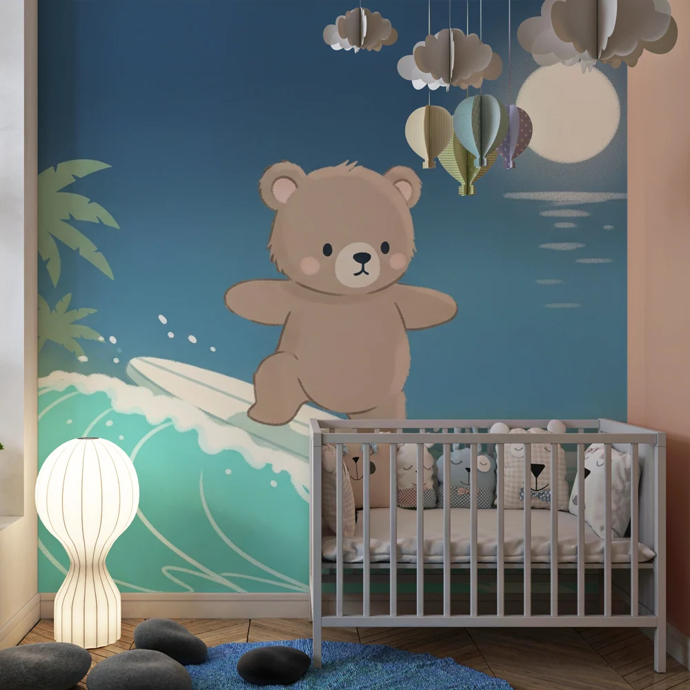 Kids room wallpaper | Surfer bear under moon