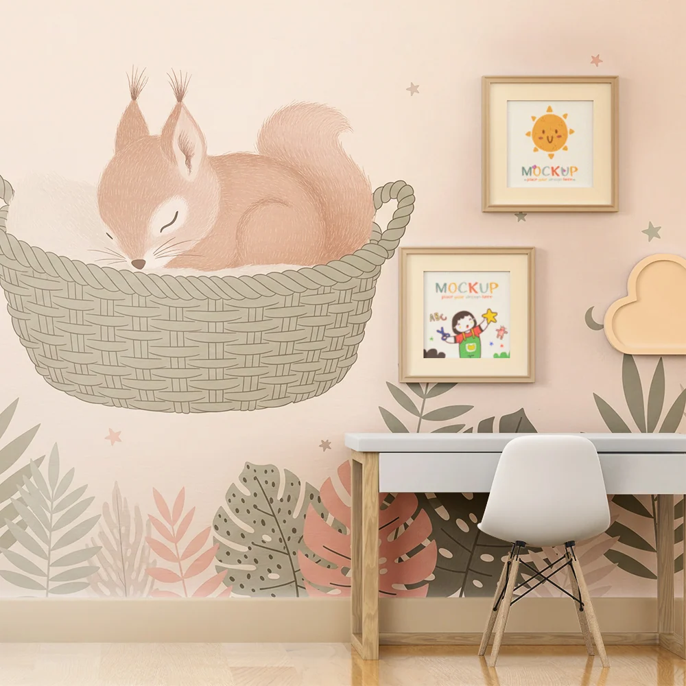 Papier de parede quarto bebê | Esquilo dormindo em sua cesta