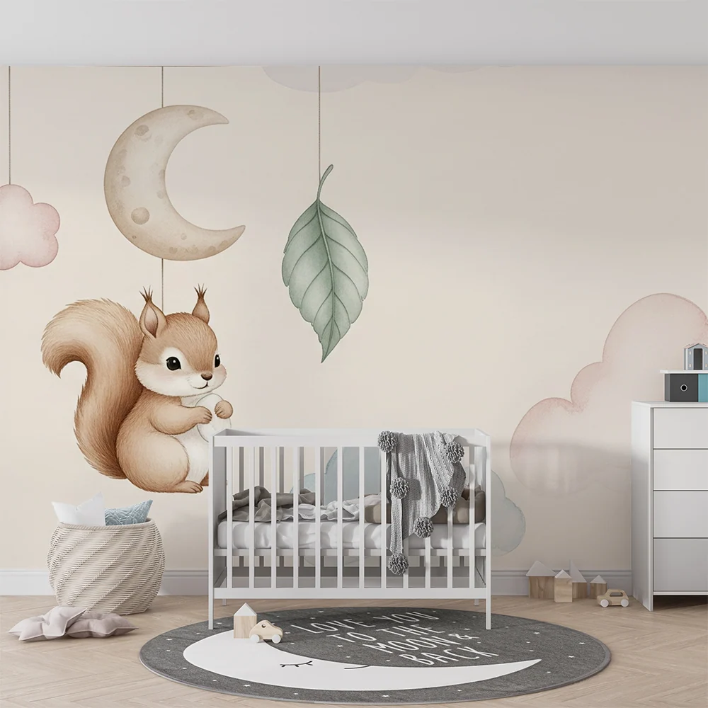 Papier de parede quarto bebê | Esquilo e nuvens suaves