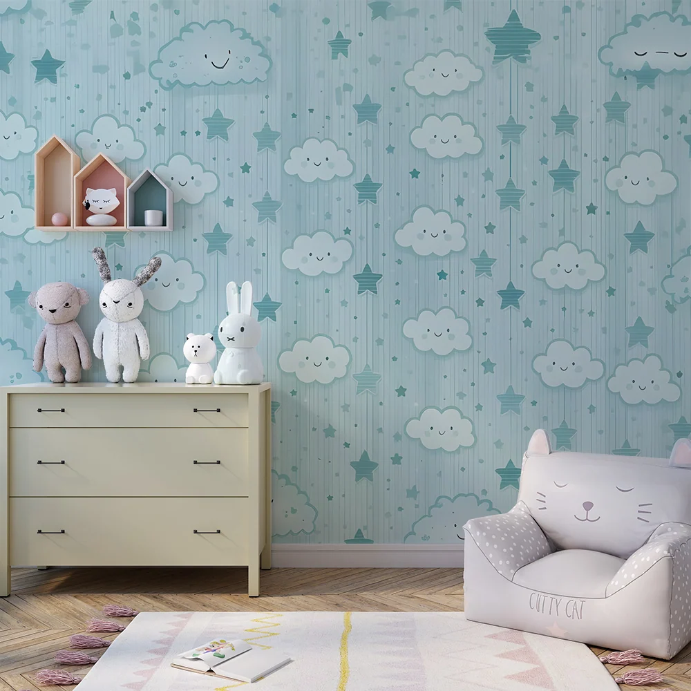 Papier de parede quarto bebê | Sóis sorridentes e estrelas